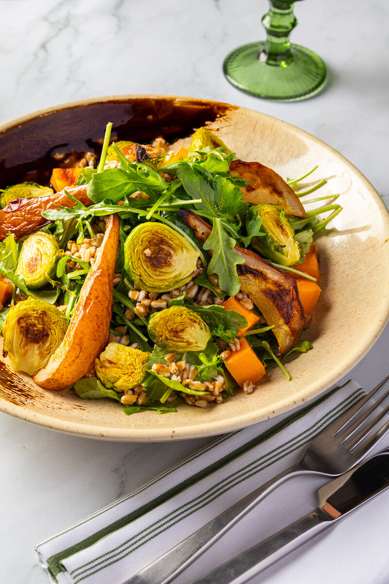 Toasted faro, brussels and pears salad